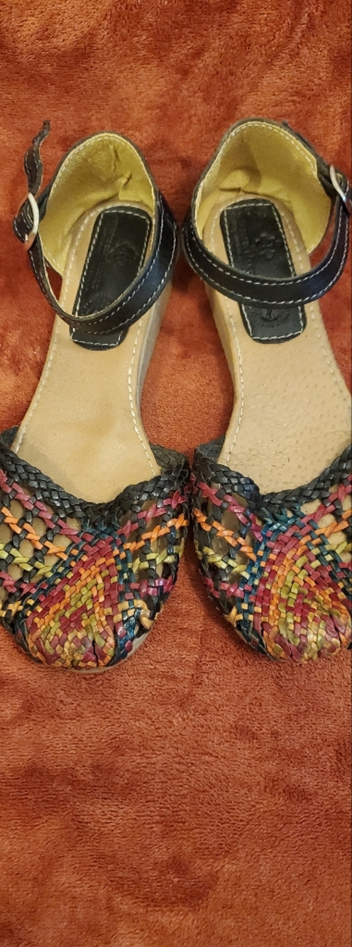 Woven Multicolor Leather Sandals with Black Ankle Strap